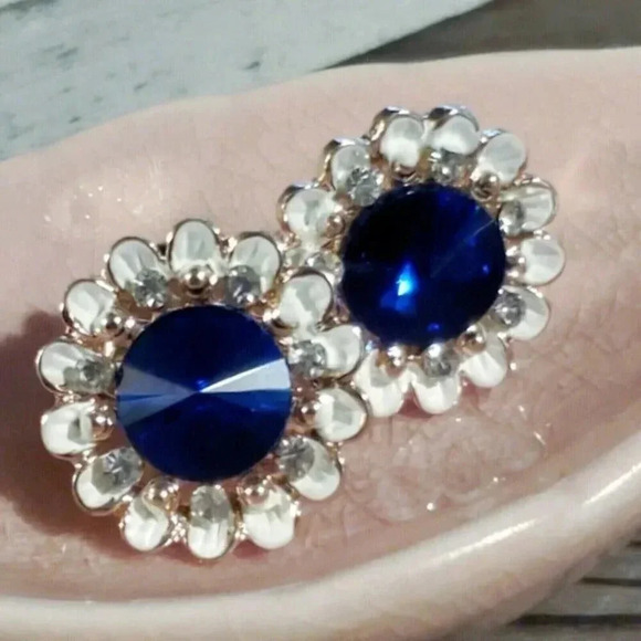 Sapphire Blue Lady Di Style Austrian Rivoli Crystal Earrings - Picture 7 of 12